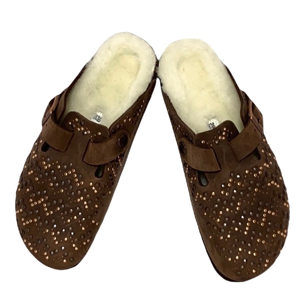 Birkenstock Boston Shearling Brown Leather Studded Slipon Slide Comfort Clogs 38